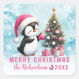 メリークリスマスブルーピンクかわいいペンギンカスタム スクエアシール