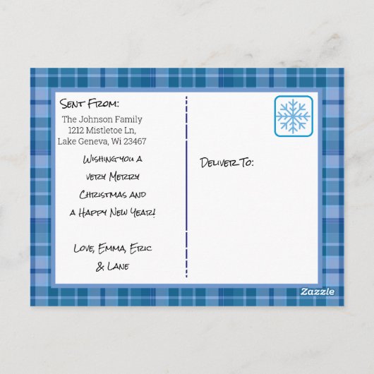 メリークリスマスブループレイドファミリーフォトカード ポストカード (裏面)