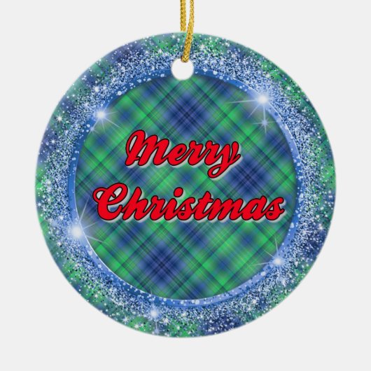 メリークリスマスブループレイドフェイクグリッター枠 セラミックオーナメント (正面)