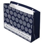 メリークリスマスブルーホワイトスノーフレーク家族名 ラージペーパーバッグ (裏面アングル)