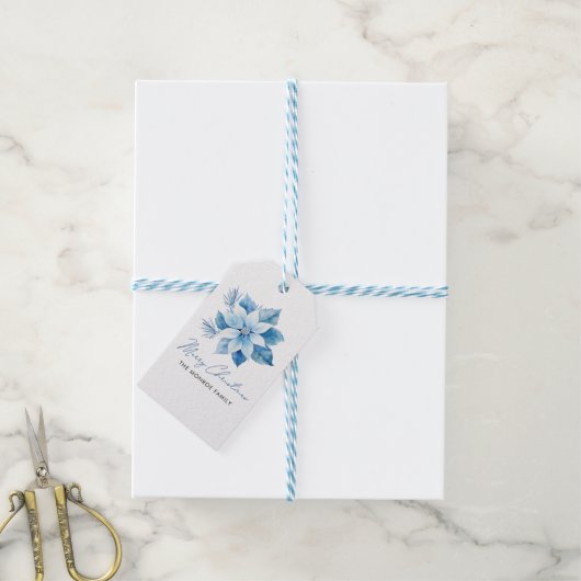 メリークリスマスブルーポインセチア・ステッカー ギフトタグ (より糸付き)