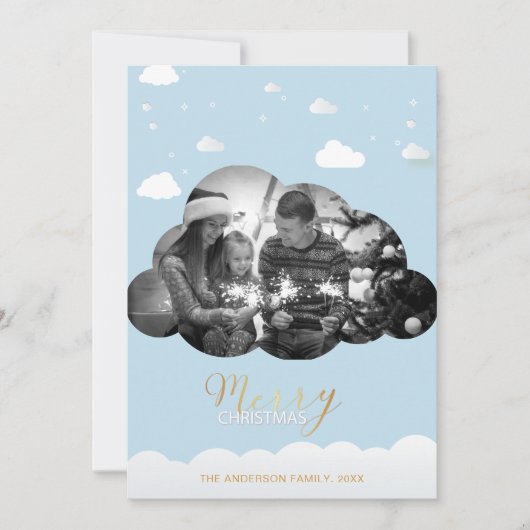 メリークリスマスブルーモダンクラウドフォトホリデイ 招待状 (正面)