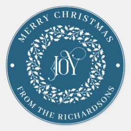 メリークリスマスブルーラウンドホワイトホリーリースジョイ ラウンドシール