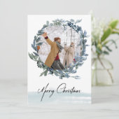 メリークリスマスブルーリースフォトホリデーカード シーズンカード (スタンド正面)