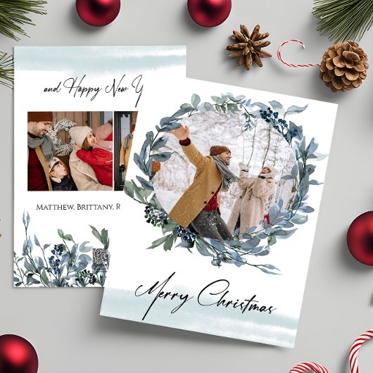 メリークリスマスブルーリースフォトホリデーカード シーズンカード