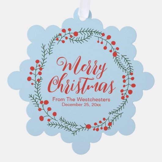 メリークリスマスブルー淡い色ののスクリプト素朴なリース オーナメントカード (正面)