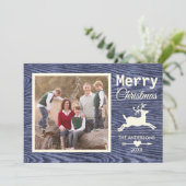 メリークリスマスブルー素朴ウッド家族の写真 シーズンカード (スタンド正面)