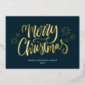 メリークリスマスブルー金ゴールド書道ビジネス 箔シーズンカード (正面)