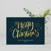 メリークリスマスブルー金ゴールド書道ビジネス 箔シーズンカード (立ち正面)