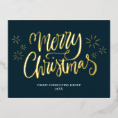 メリークリスマスブルー金ゴールド書道ビジネス 箔シーズンポストカード (正面)