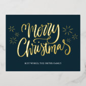 メリークリスマスブルー金ゴールド書道非写真 箔シーズンポストカード (正面)