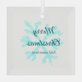 メリークリスマスブルー雪フレークグリッターキラキラna ガラスオーナメント (裏面)