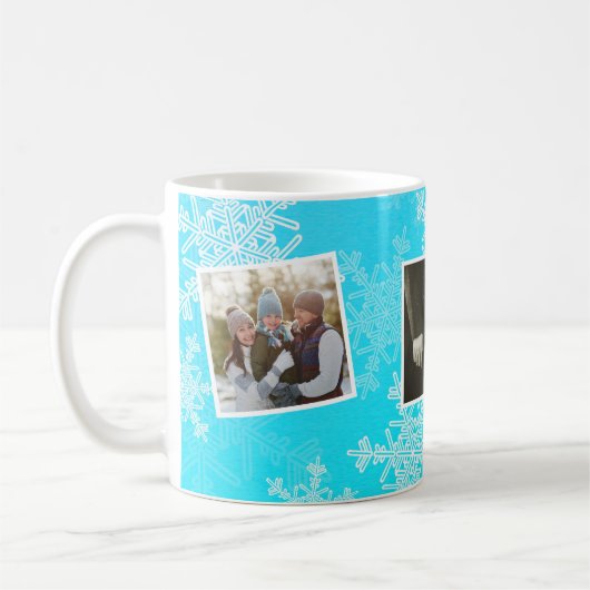 メリークリスマスブルー雪片フォトコラージュ コーヒーマグカップ (左)