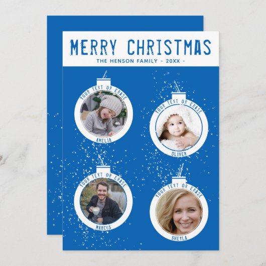 メリークリスマスブルー4ボールファミリーフォトコラージュ シーズンカード (正面/裏面)