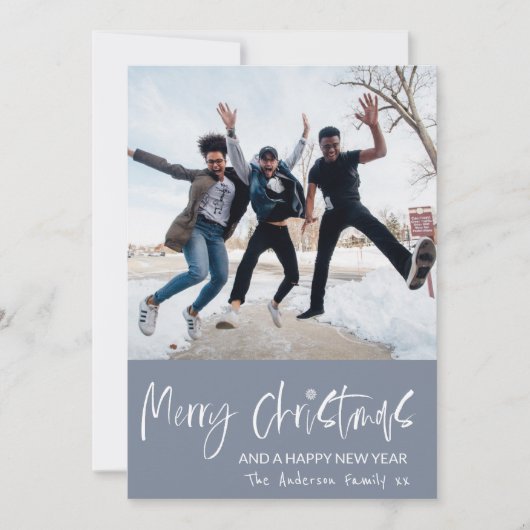 メリークリスマスブルー&ホワイトスノーフレーク1写真 シーズンカード (正面)