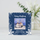 メリークリスマスブルー&ホワイト雪片写真 シーズンカード (スタンド正面)