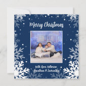 メリークリスマスブルー&ホワイト雪片写真 シーズンカード (正面)