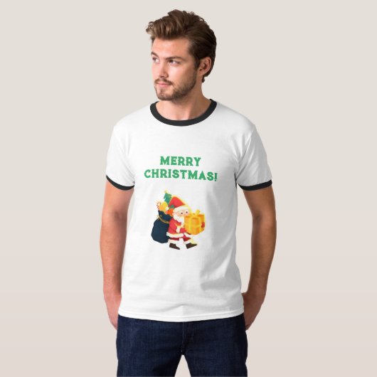 メリークリスマスプリントされたウィッシュお祝いリンガー Tシャツ (正面フル)