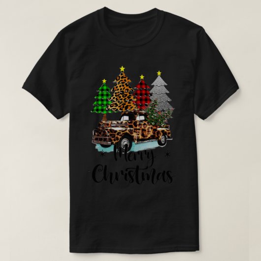 メリークリスマスプレイドクリスマスツリーヒョウのトラック Tシャツ (デザイン正面)