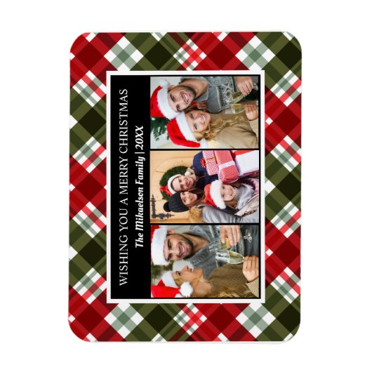 メリークリスマスプレイドタータンチェック写真コラージュ マグネット (縦)