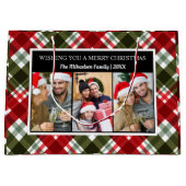 メリークリスマスプレイドタータンチェック写真コラージュ ラージペーパーバッグ (正面)