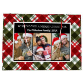 メリークリスマスプレイドタータンチェック写真コラージュ ラージペーパーバッグ (裏面)
