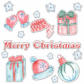 メリークリスマスプレゼント弓手袋帽子の雪の結晶 シール (正面)