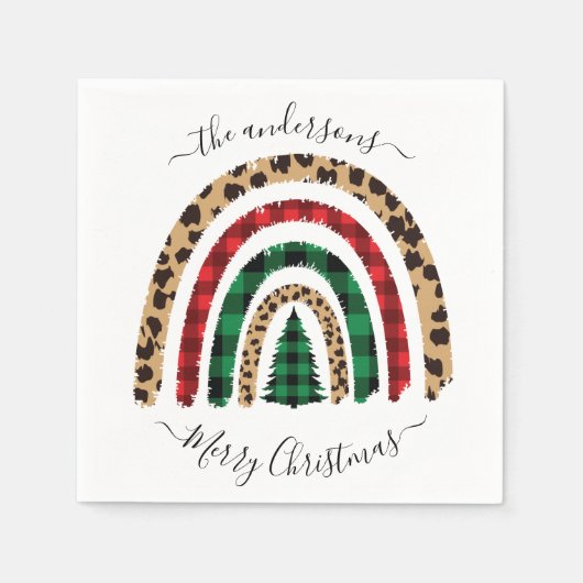 メリークリスマスプレドとヒョウのプリントレインボー スタンダードカクテルナプキン (正面)