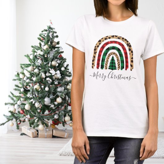 メリークリスマスプレドとヒョウのプリントレインボー Tシャツ