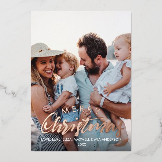 メリークリスマスプレーンパーソナライズされたフォトバラ金ゴールド 箔招待状 (正面)