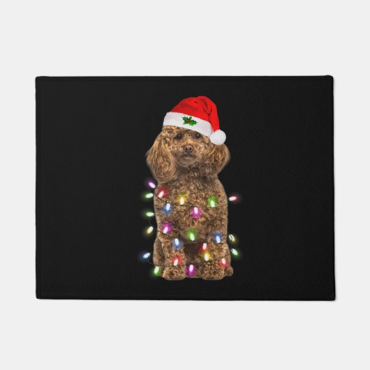 メリークリスマスプードルサンタハットライトズクリスマス ドアマット (正面)