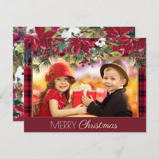 メリークリスマスプ素朴ライド赤ポインセチア写真 シーズンカード (正面/裏面)