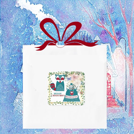 メリークリスマスベアキツネ北欧の装飾フローラ スクエアシール