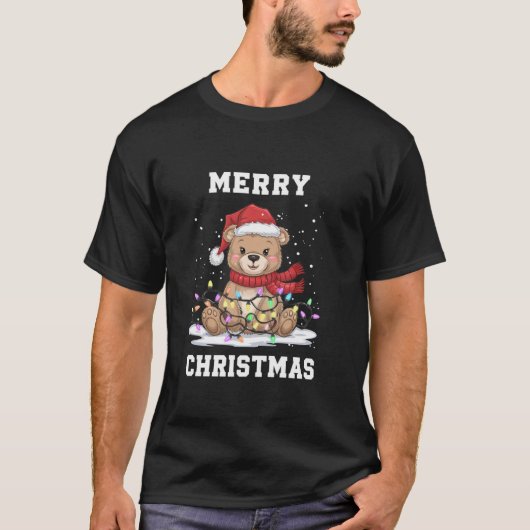 メリークリスマスベアーサンタハットクリスマスライトXm Tシャツ (正面)