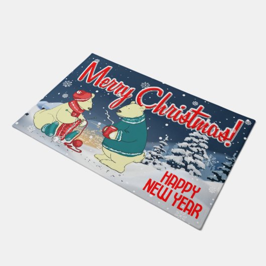 メリークリスマスベアーズ冬の雪のホリデーシーン ドアマット (アングル)
