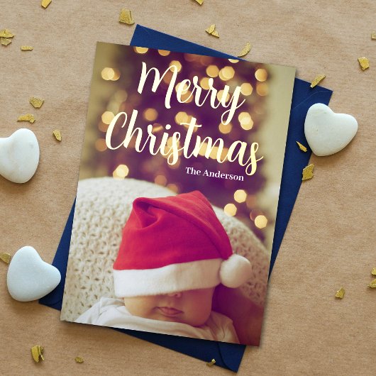 メリークリスマスベビー写真実在金ゴールド 箔シーズンカード