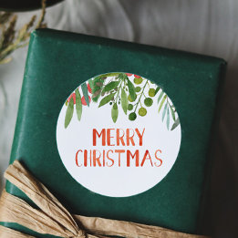 メリークリスマスベリーと枝水色 ラウンドシール