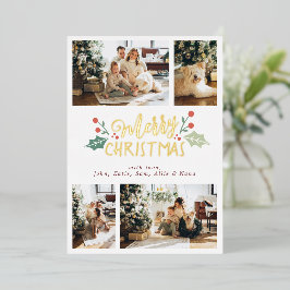 メリークリスマスベリーの葉の家族の写真コラージュ 箔シーズンカード