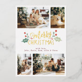 メリークリスマスベリーの葉の家族の写真コラージュ 箔シーズンカード (正面)