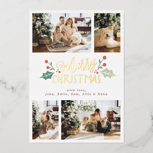 メリークリスマスベリーの葉の家族の写真コラージュ 箔シーズンカード (正面)