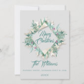 メリークリスマスベリーフレームモノグラムグレーティール(緑がかった色) 招待状 (正面)