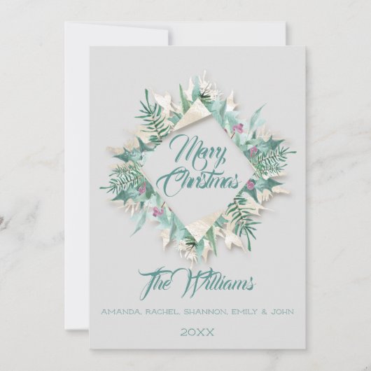 メリークリスマスベリーフレームモノグラムグレーティール(緑がかった色) 招待状 (正面)