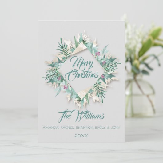 メリークリスマスベリーフレームモノグラムグレーティール(緑がかった色) 招待状 (スタンド正面)