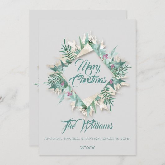 メリークリスマスベリーフレームモノグラムグレーティール(緑がかった色) 招待状 (正面/裏面)
