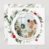 メリークリスマスベリーリースフォトホリデーカード シーズンカード (正面/裏面)