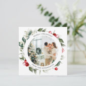 メリークリスマスベリーリースフォトホリデーカード シーズンカード (スタンド正面)