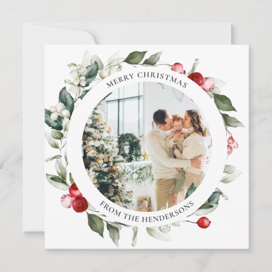 メリークリスマスベリーリースフォトホリデーカード シーズンカード (正面)