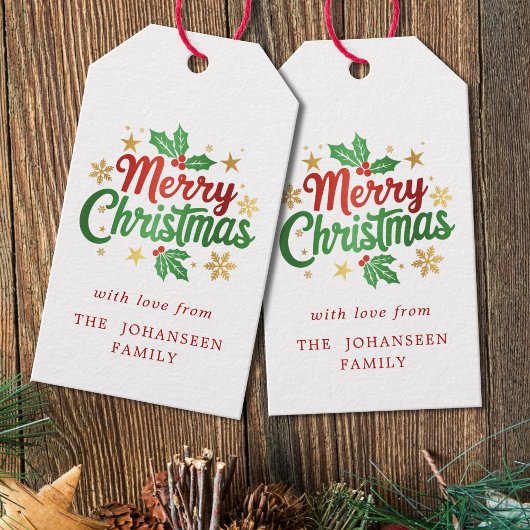 メリークリスマスベリー金ゴールドスターズスノーフレークスファミリー ギフトタグ
