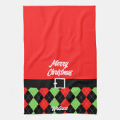 メリークリスマスベルトと赤アーガイル色 キッチンタオル (縦)