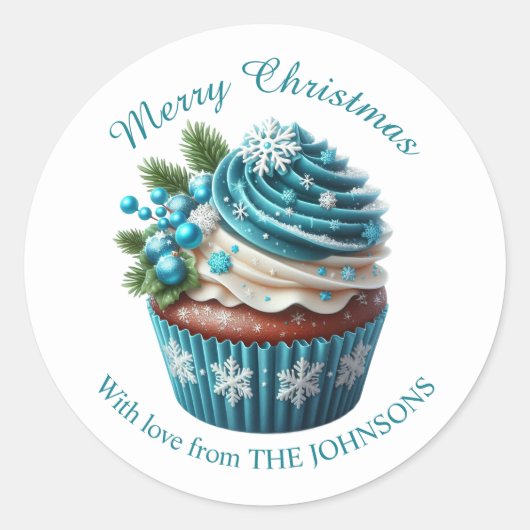 メリークリスマスベーカリーカップケーキとラブステッカー ラウンドシール (正面)